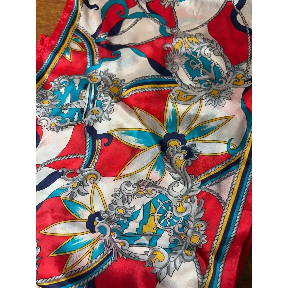 Vintage Nautical 100% Silk Scarf Red White Blue Made in Japan